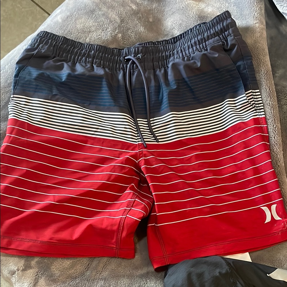 Hurley Navy and Red Striped Board Shorts